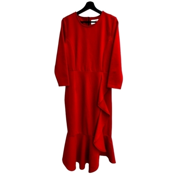 Ravish Luminous Red Dress Flare Hem Detail and Ruffle - Picture 1 of 8